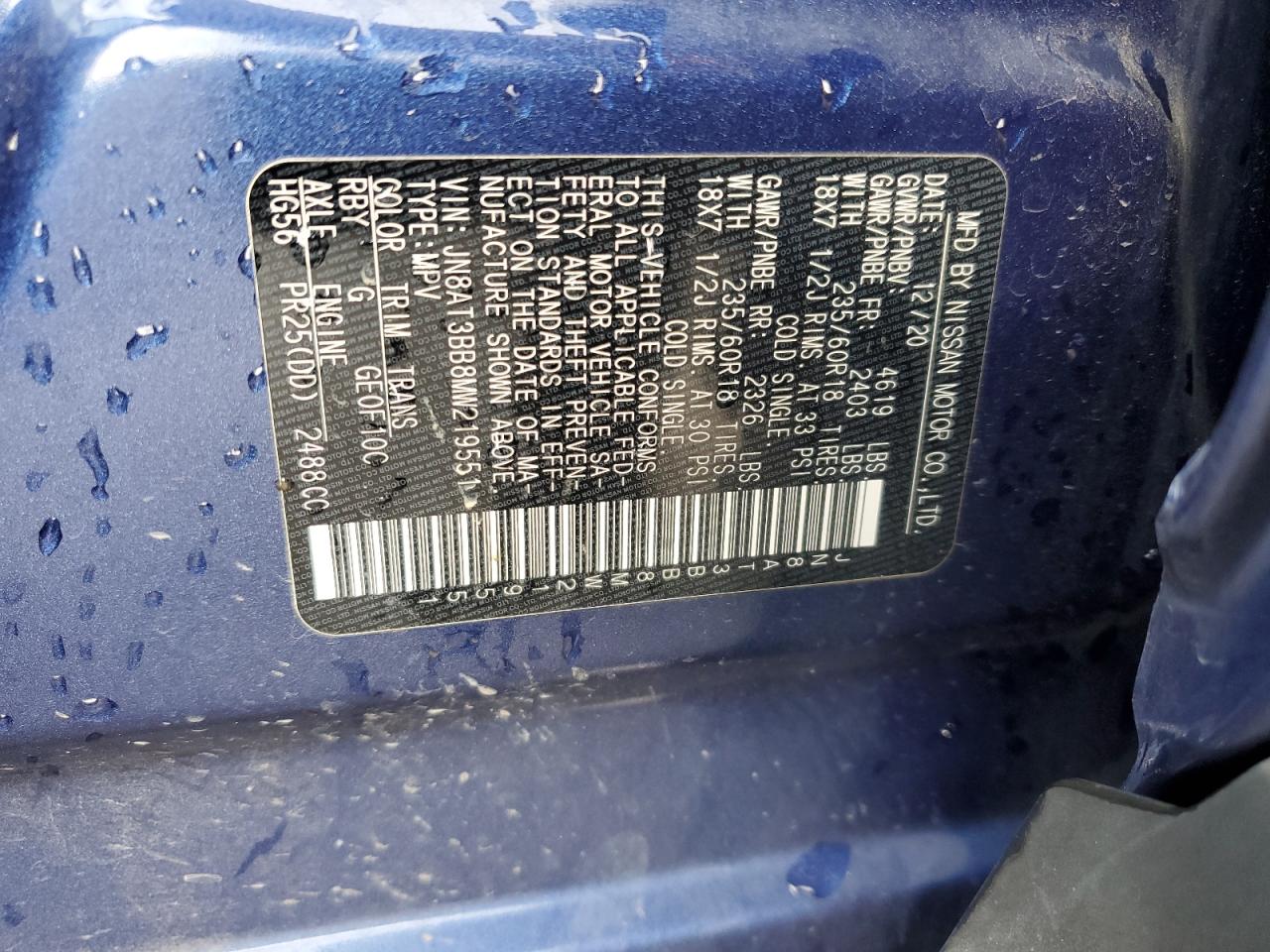 2021 Nissan Rogue VIN JN8AT3BB8MW219551 Copart auction photo, side / front end damage thumbnail 13