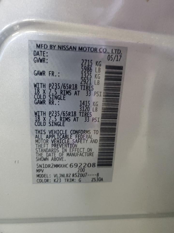 2017 Nissan Pathfinder VIN 5N1DR2MMXHC692208 Copart auction photo, minor dent/scratches damage thumbnail 13