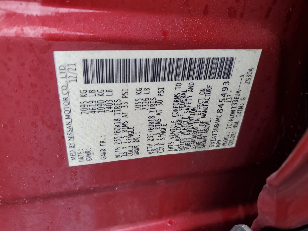 2021 Nissan Rogue VIN 5N1AT3BB4MC845493 Copart auction photo, front end damage thumbnail 13