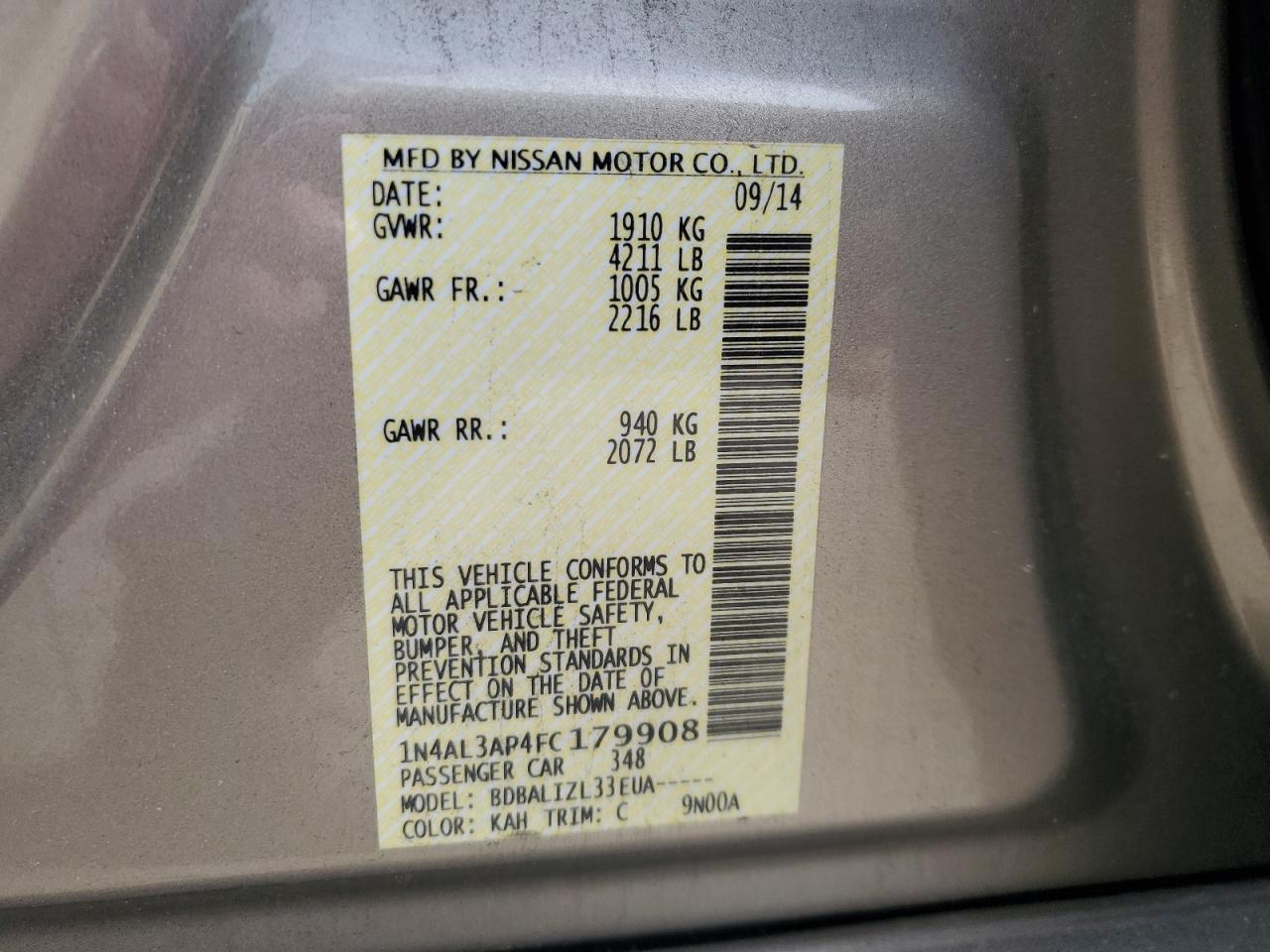 2015 Nissan Altima VIN 1N4AL3AP4FC179908 Copart auction photo, rear end / front end damage thumbnail 13