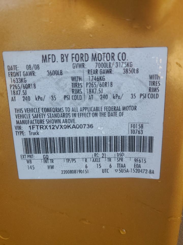 2009 Ford F-150 VIN 1FTRX12VX9KA00736 Copart auction photo, front end damage thumbnail 12