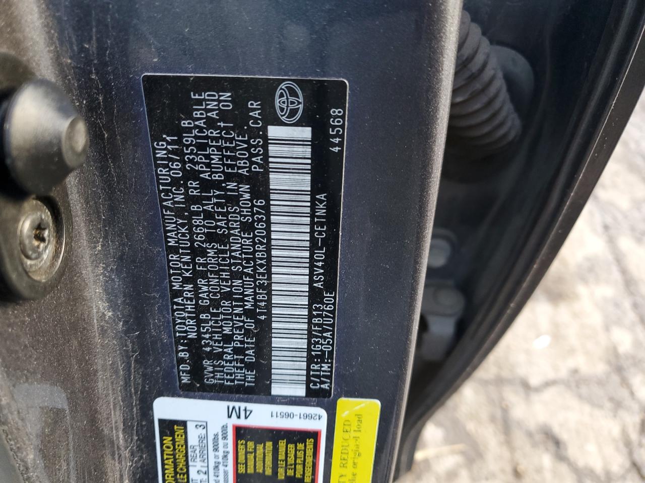 2011 Toyota Camry VIN 4T4BF3EKXBR206376 Copart auction photo, all over damage thumbnail 14