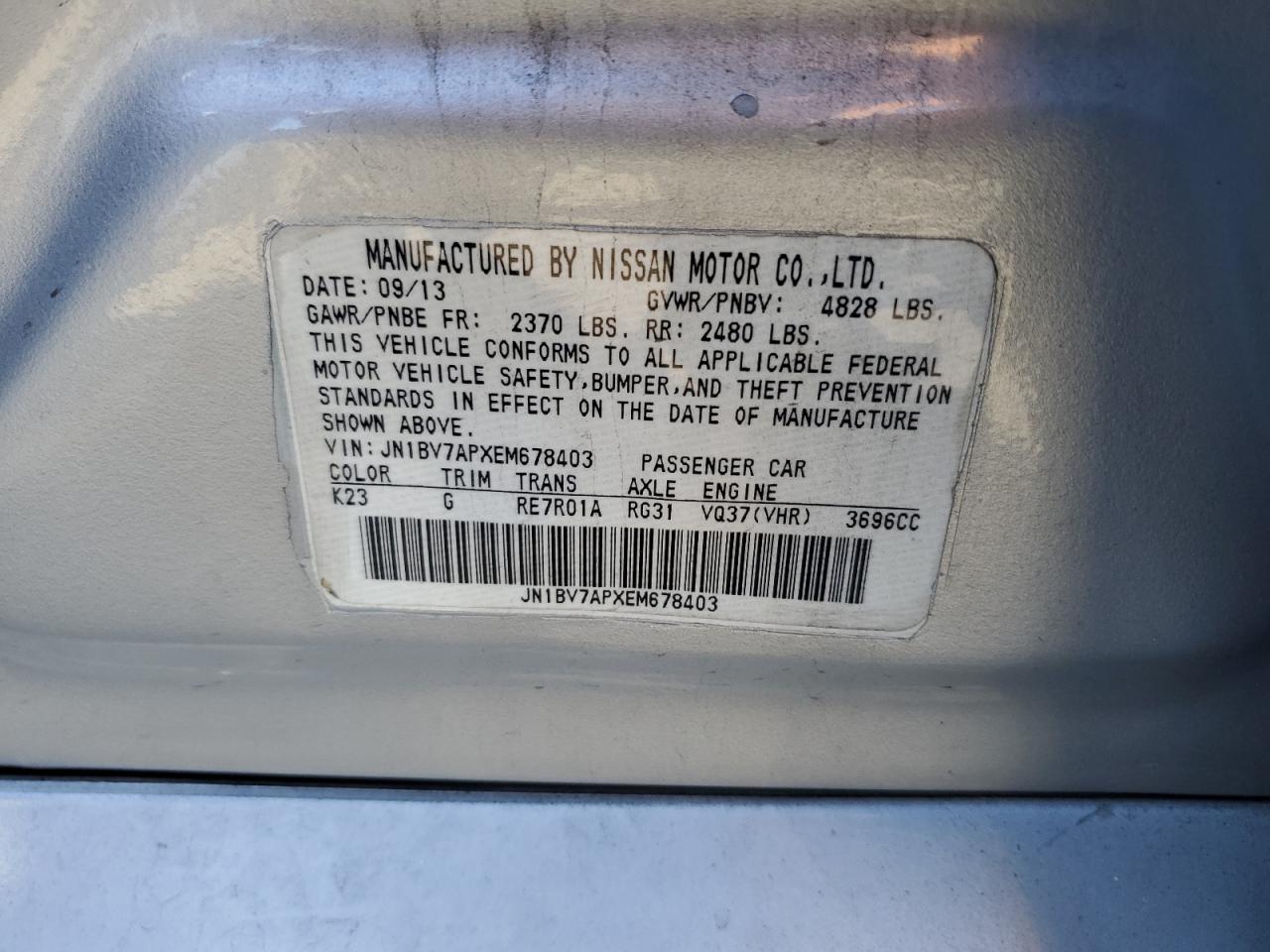 2014 Infiniti Q50 VIN JN1BV7APXEM678403 Copart auction photo, vandalism damage thumbnail 12