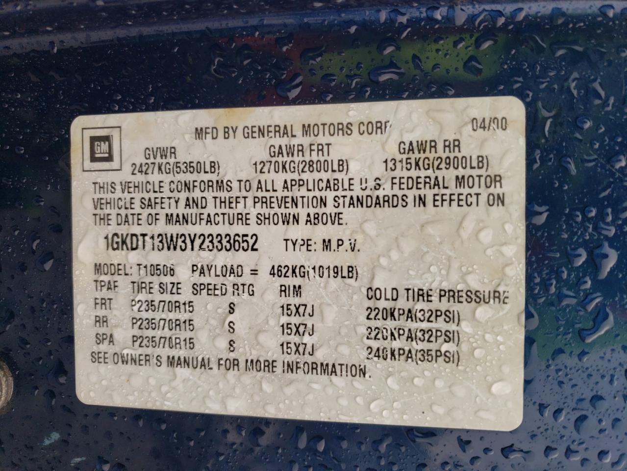 2000 GMC Jimmy VIN 1GKDT13W3Y2333652 Copart auction photo, front end damage thumbnail 13