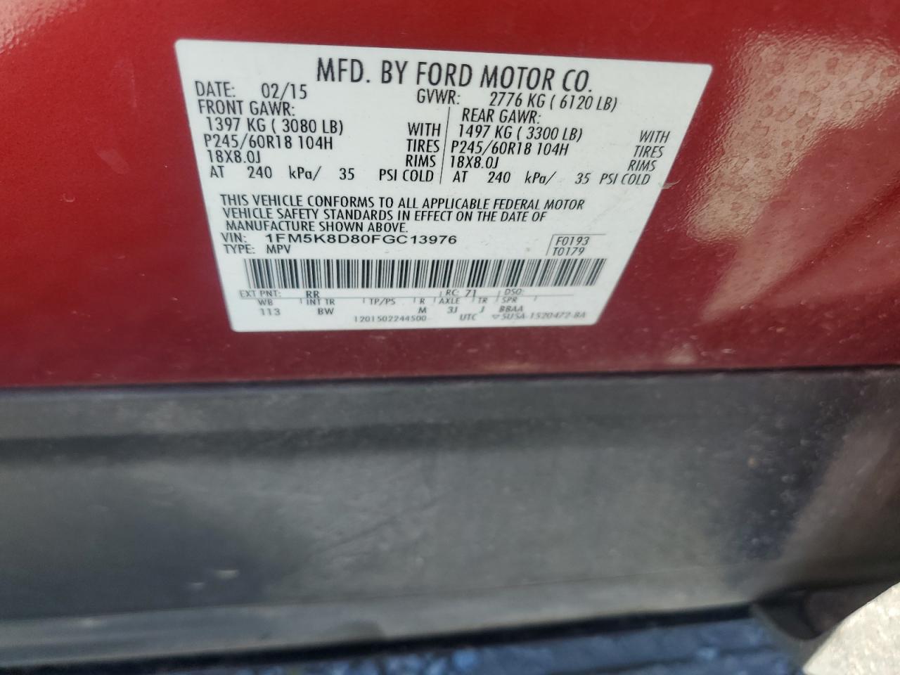 2015 Ford Explorer VIN 1FM5K8D80FGC13976 Copart auction photo, front end damage thumbnail 15