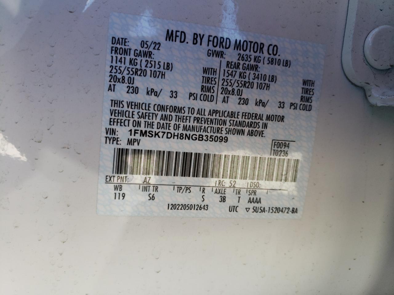 2022 Ford Explorer VIN 1FMSK7DH8NGB35099 Copart auction photo, rear end damage thumbnail 14