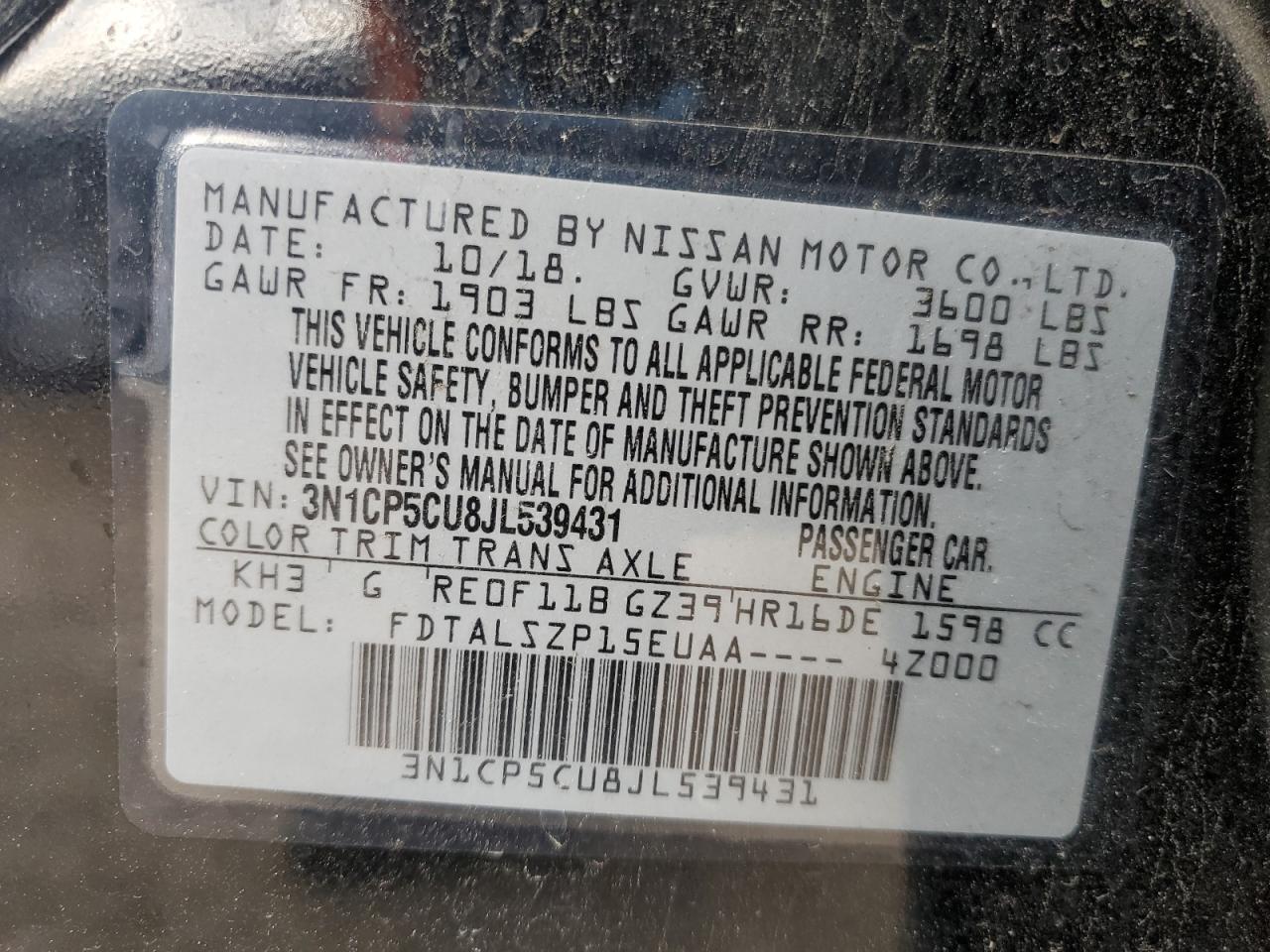 2018 Nissan Kicks VIN 3N1CP5CU8JL539431 Copart auction photo, front end damage thumbnail 14