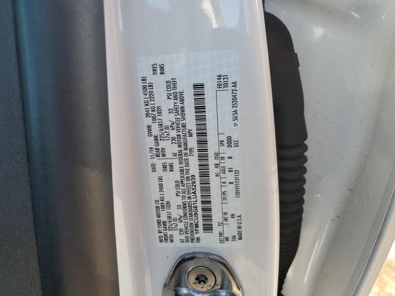 2020 Ford Escape VIN 1FMCU9G61LUA52939 Copart auction photo, front end damage thumbnail 14