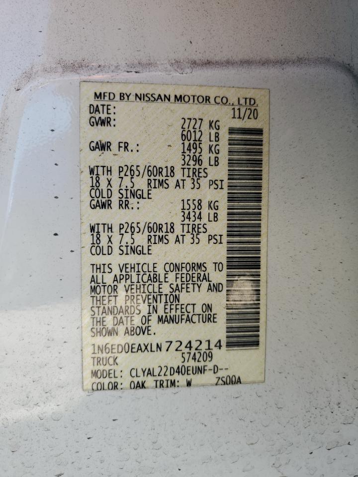 2020 Nissan Navara (Frontier) VIN 1N6ED0EAXLN724214 Copart auction photo, rear end damage thumbnail 13