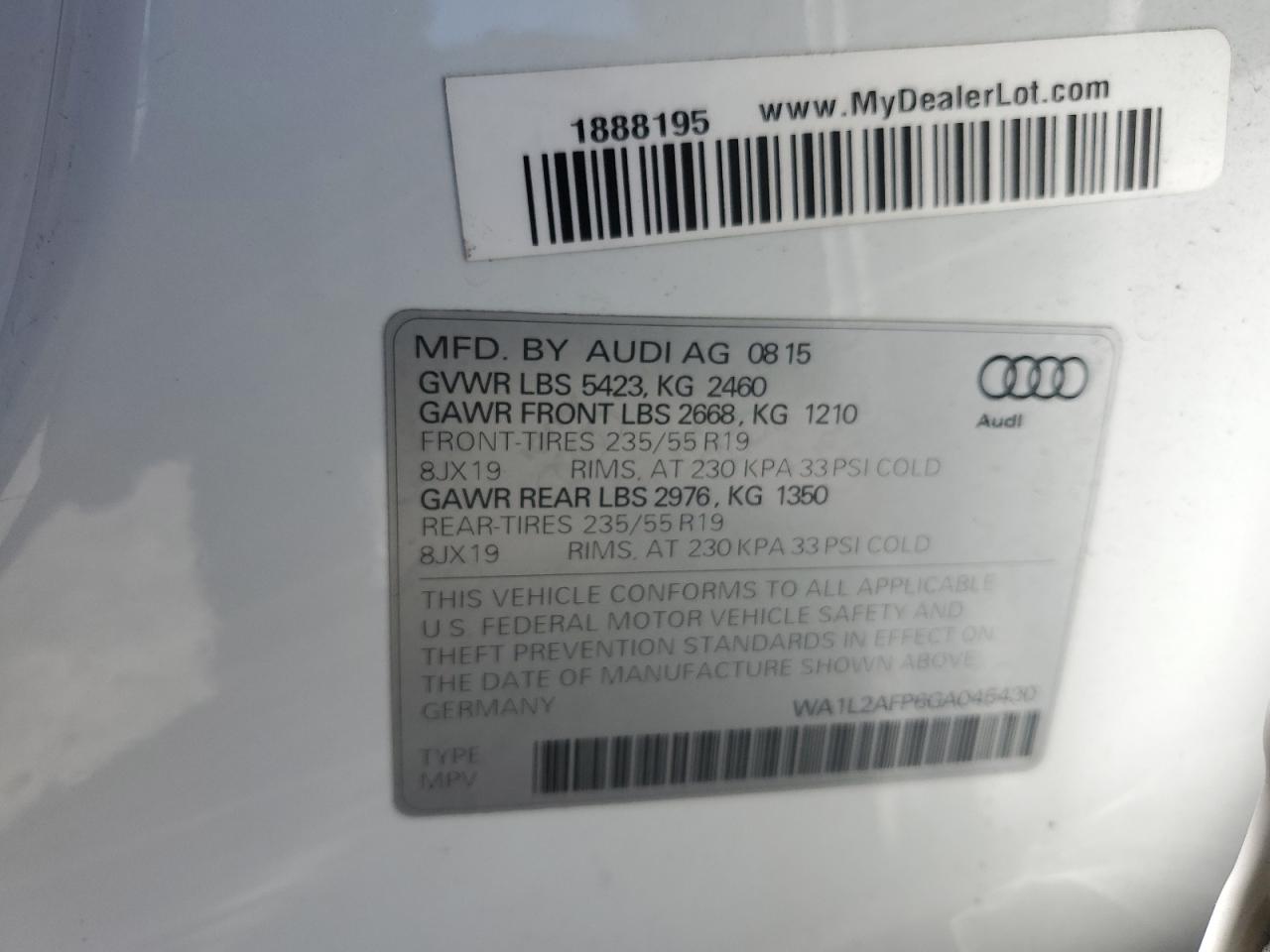 2016 Audi Q5 VIN WA1L2AFP6GA045430 Copart auction photo, rear end damage thumbnail 12