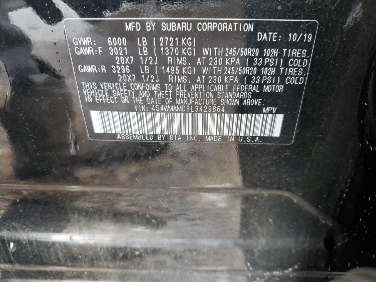 2020 Subaru Ascent VIN 4S4WMAMD9L3429864 Copart auction photo, front end damage thumbnail 13