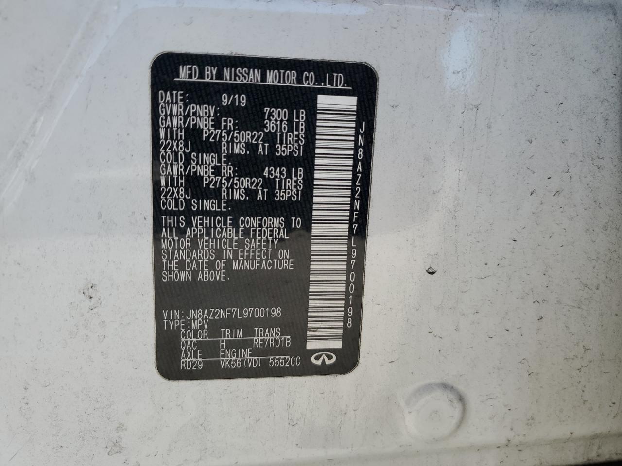 2020 Infiniti QX80 VIN JN8AZ2NF7L9700198 Copart auction photo, front end damage thumbnail 13