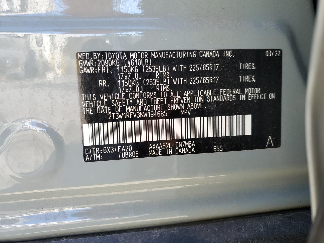 2022 Toyota RAV 4 VIN 2T3W1RFV3NW194685 Copart auction photo, rear end / front end damage thumbnail 14