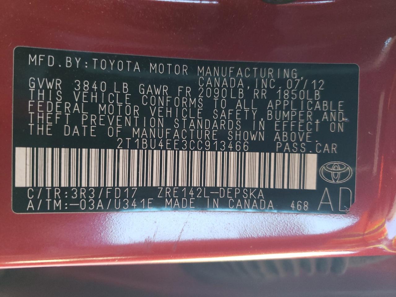 2012 Toyota Corolla VIN 2T1BU4EE3CC913466 Copart auction photo, mechanical / minor dent/scratches damage thumbnail 12