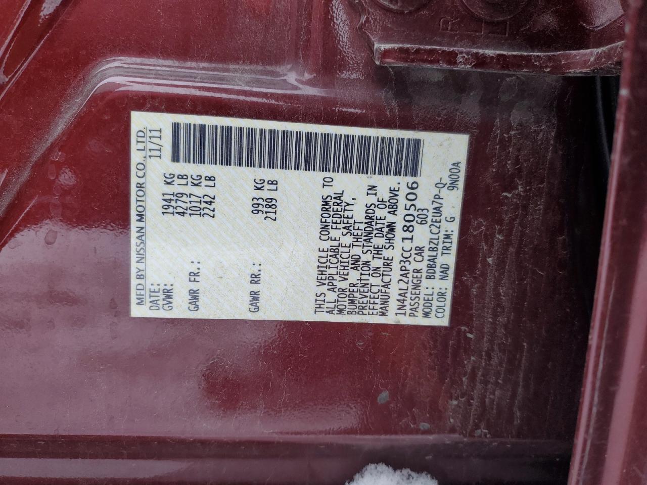 2012 Nissan Altima VIN 1N4AL2AP3CC180506 Copart auction photo, side damage thumbnail 12