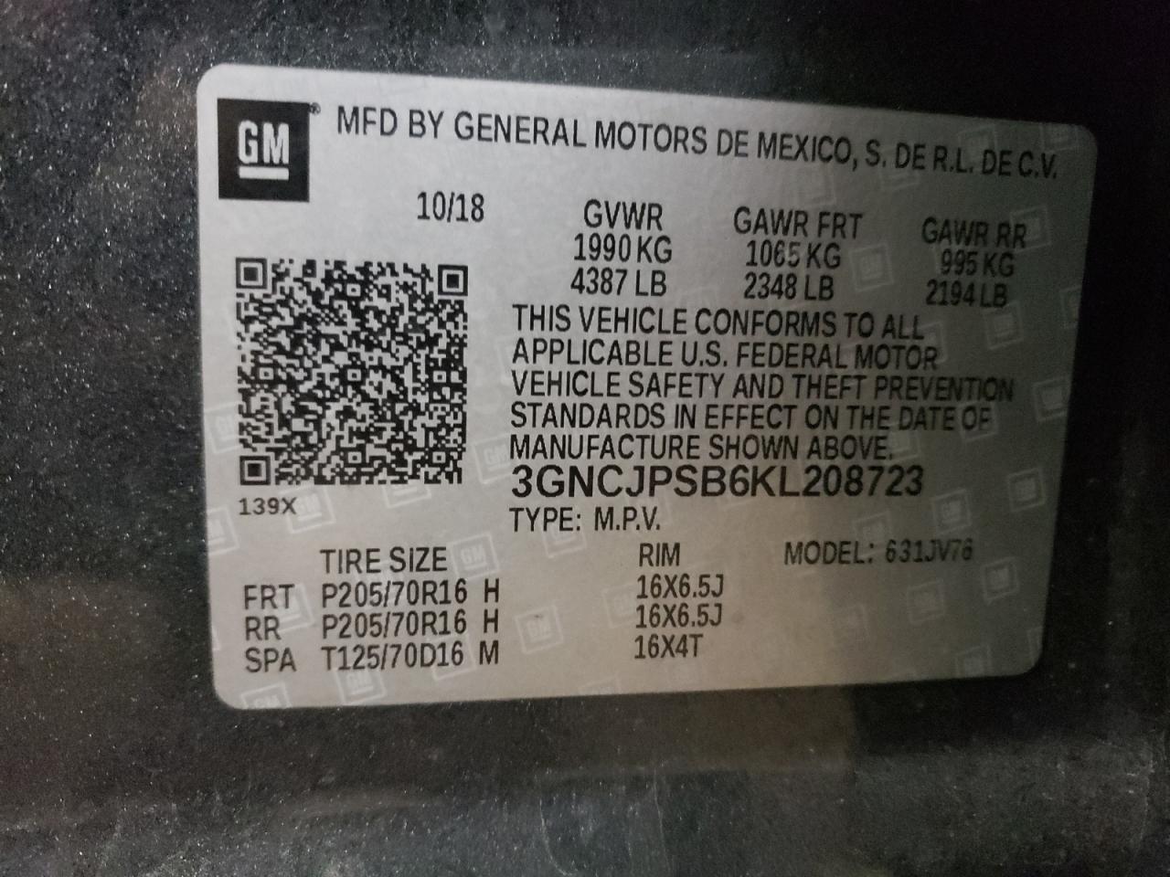 2019 Chevrolet Trax VIN 3GNCJPSB6KL208723 Copart auction photo, front end damage thumbnail 13
