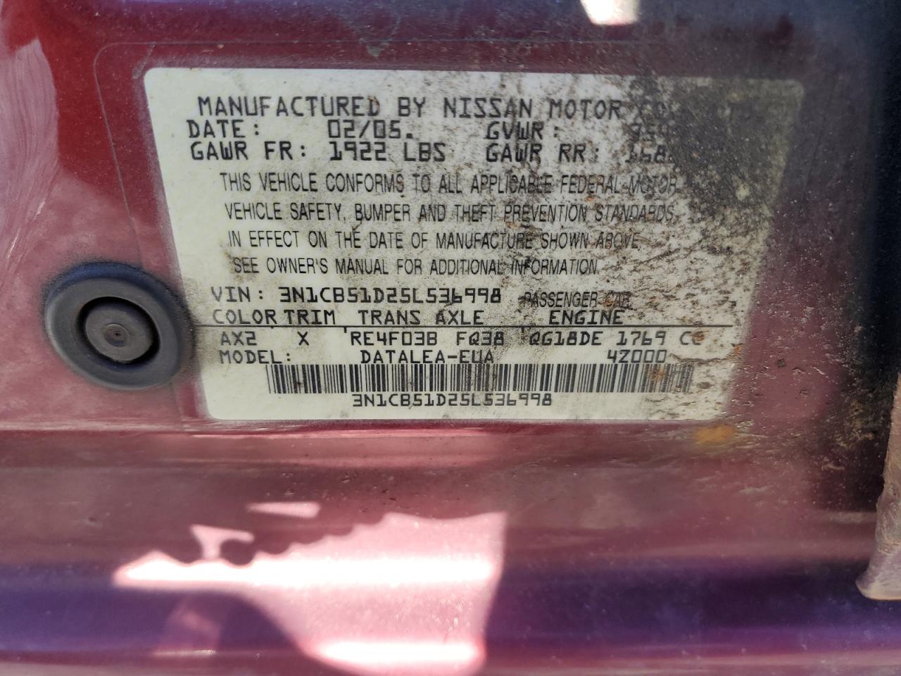 2005 Nissan Sentra VIN 3N1CB51D25L536998 Copart auction photo, front end damage thumbnail 14
