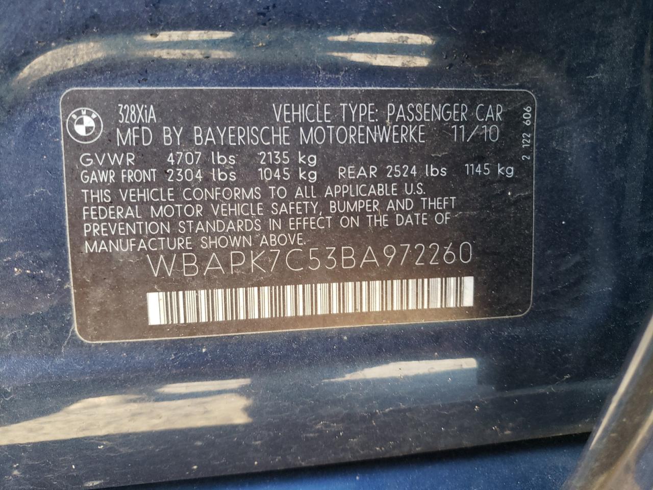 2011 BMW 3er VIN WBAPK7C53BA972260 Copart auction photo, front end / minor dent/scratches damage thumbnail 12