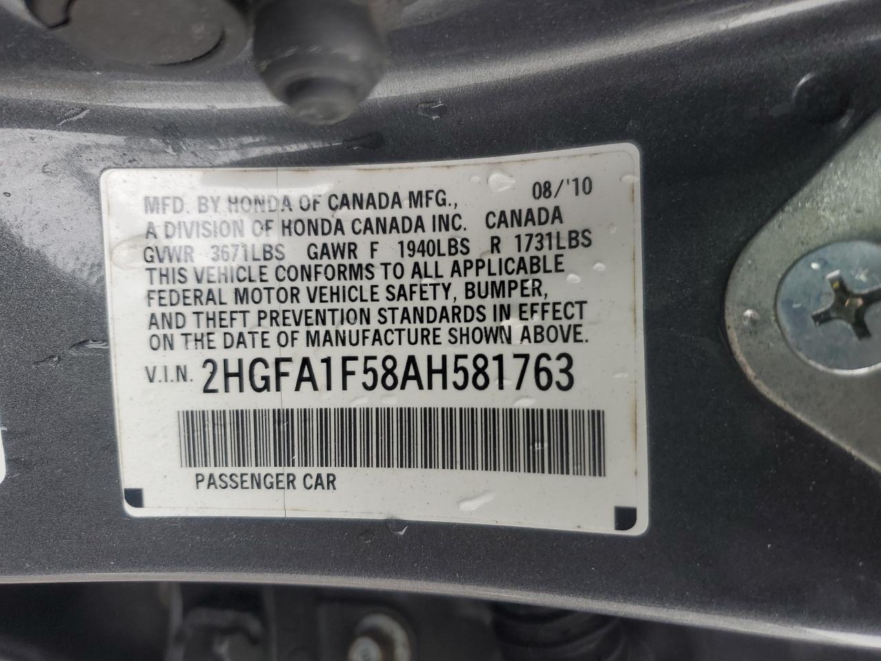 2010 Honda Civic VIN 2HGFA1F58AH581763 Copart auction photo, front end / minor dent/scratches damage thumbnail 12