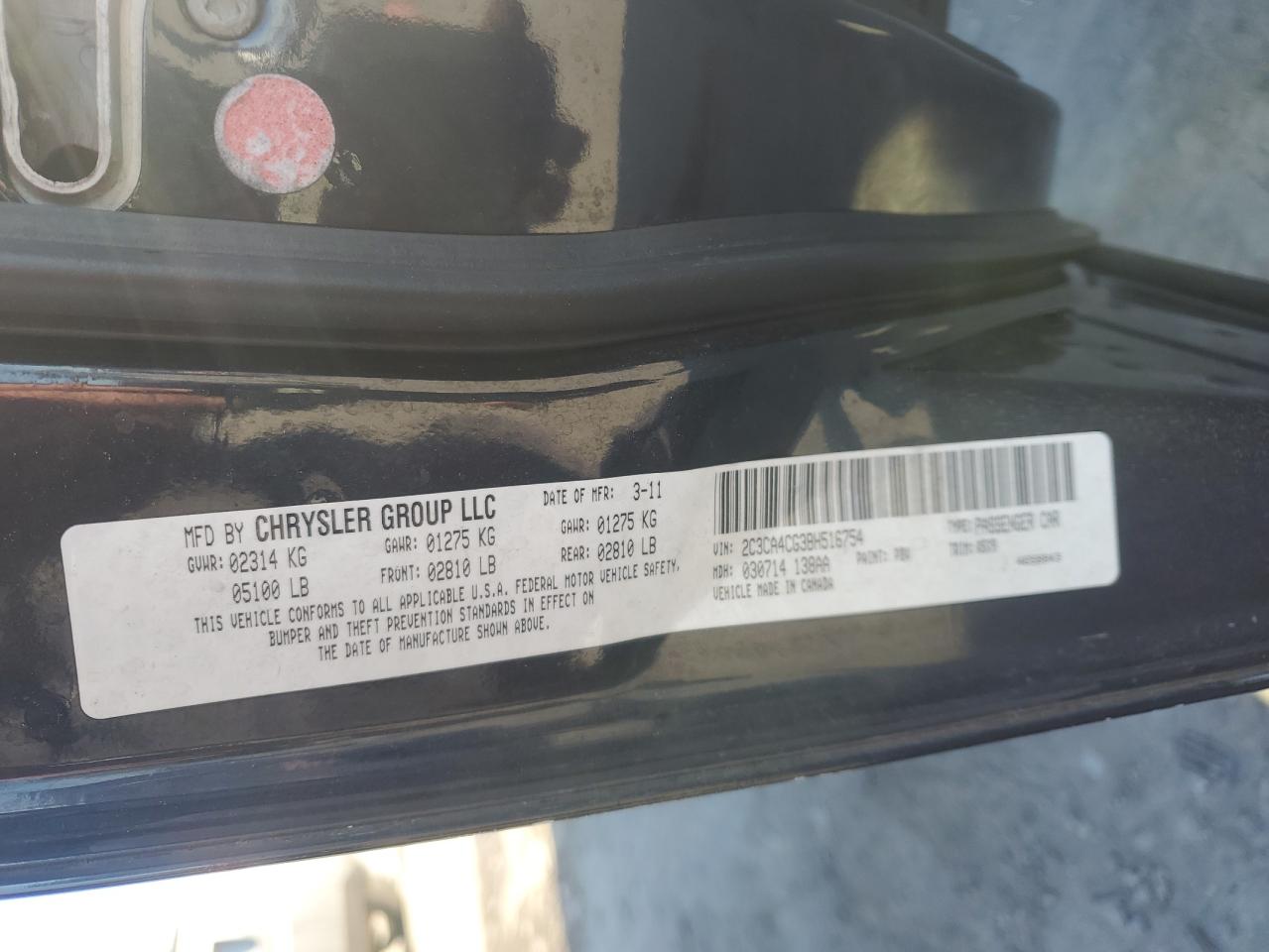 2011 Chrysler 300 VIN 2C3CA4CG3BH516754 Copart auction photo, rear end / minor dent/scratches damage thumbnail 12