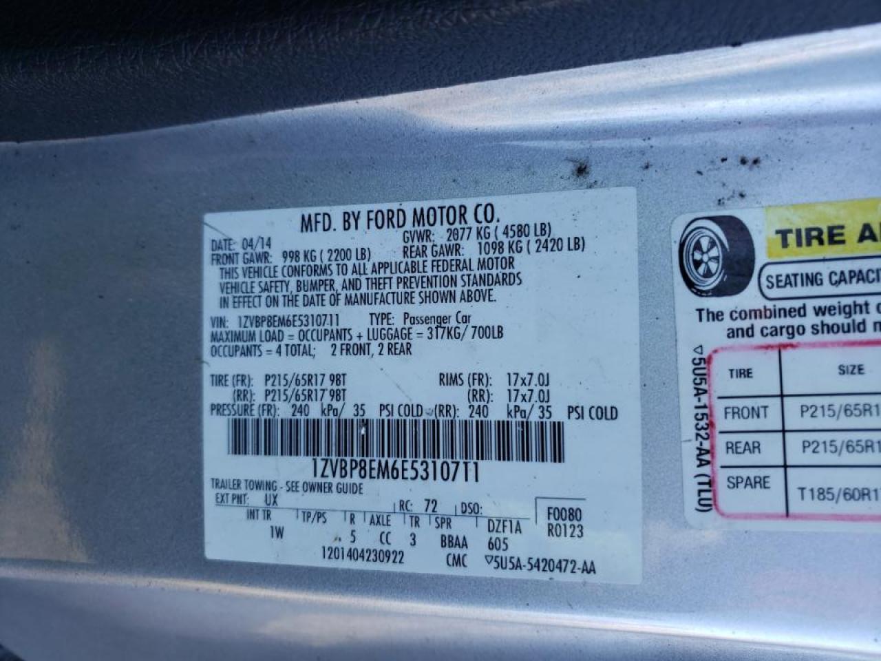 2014 Ford Mustang VIN 1ZVBP8EM6E5310711 Copart auction photo, side / front end damage thumbnail 12