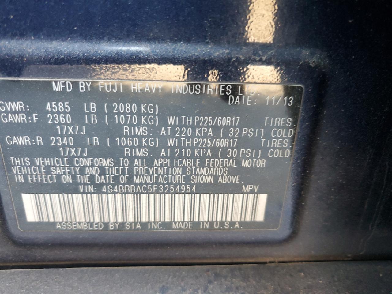 2014 Subaru Outback VIN 4S4BRBAC5E3254954 Copart auction photo, side damage thumbnail 13