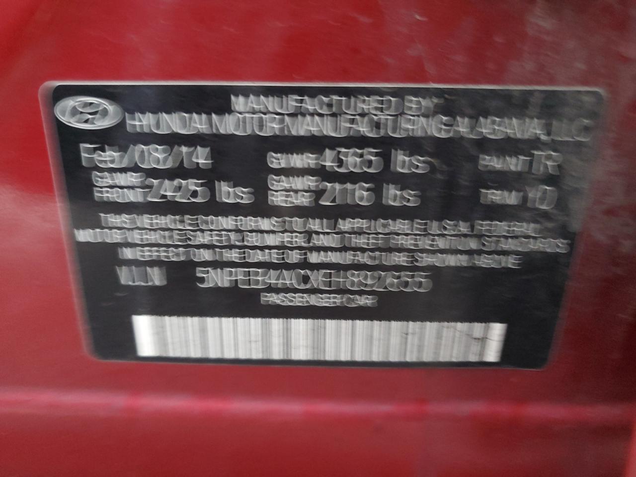 2014 Hyundai Sonata VIN 5NPEB4ACXEH892655 Copart auction photo, minor dent/scratches damage thumbnail 12