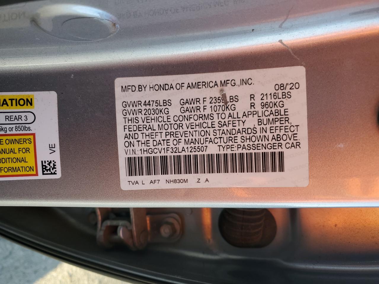 2020 Honda Accord VIN 1HGCV1F32LA125507 Copart auction photo, front end damage thumbnail 14