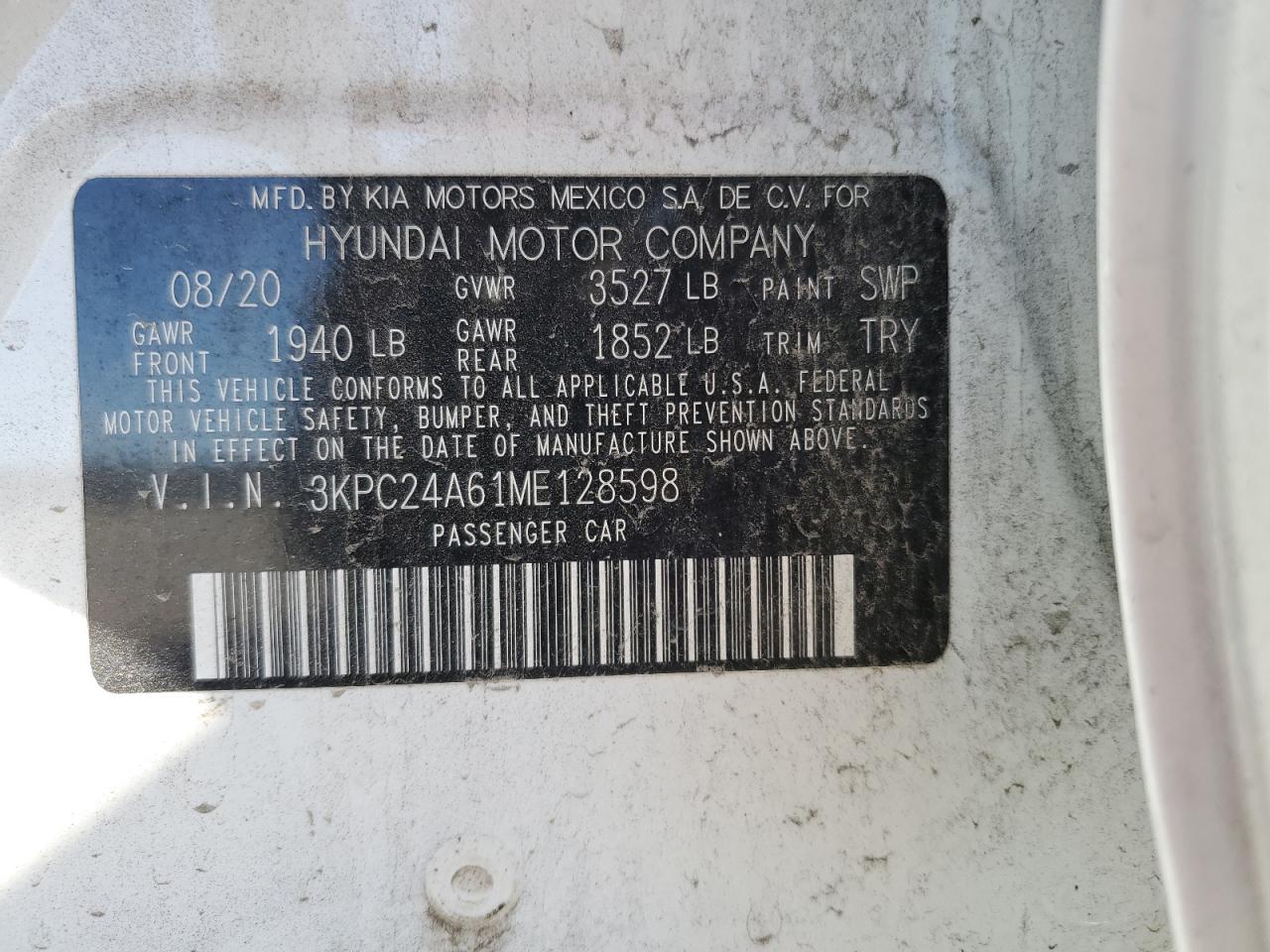 2021 Hyundai Accent VIN 3KPC24A61ME128598 Copart auction photo, side damage thumbnail 14