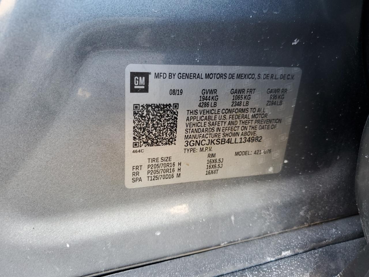 2020 Chevrolet Trax VIN 3GNCJKSB4LL134982 Copart auction photo, front end / mechanical damage thumbnail 15