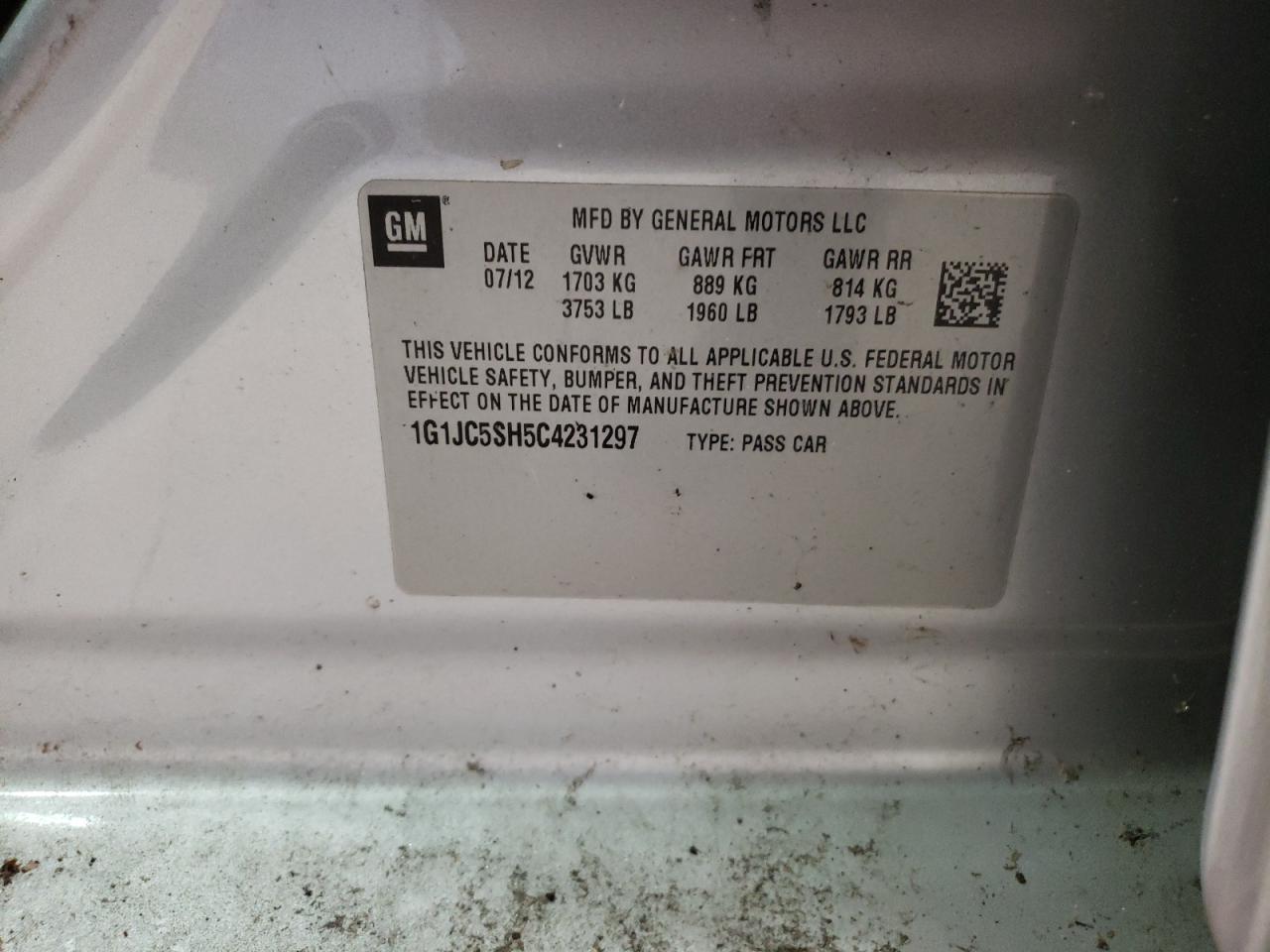 2012 Chevrolet Sonic VIN 1G1JC5SH5C4231297 Copart auction photo, normal wear damage thumbnail 12