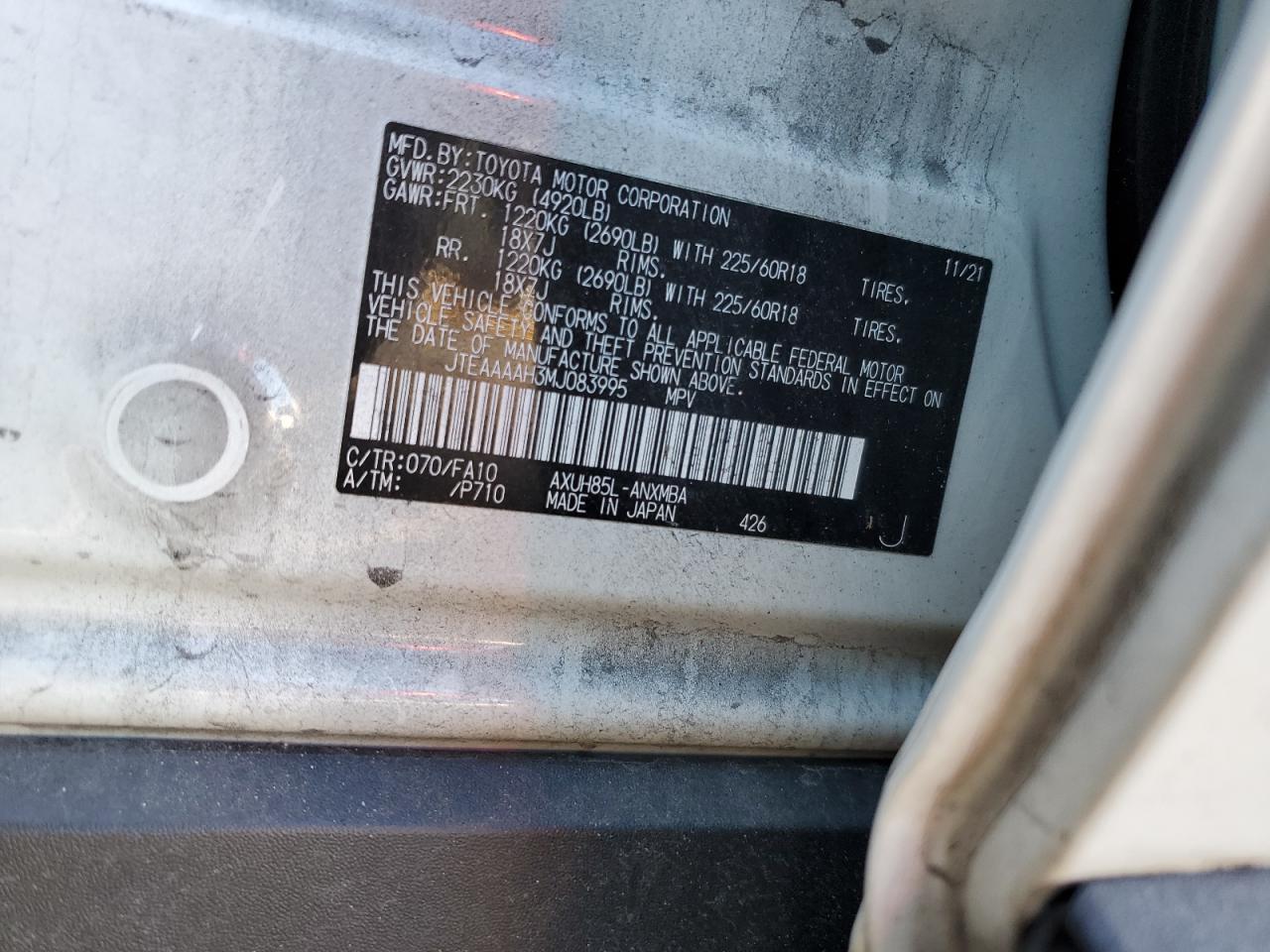 2021 Toyota Venza VIN JTEAAAAH3MJ083995 Copart auction photo, front end / undercarriage damage thumbnail 13