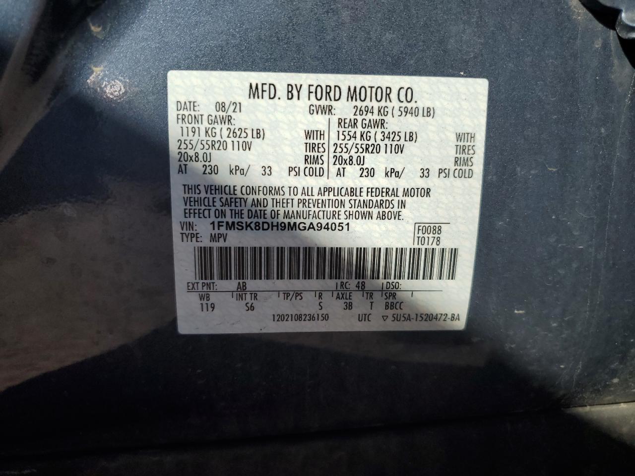 2021 Ford Explorer VIN 1FMSK8DH9MGA94051 Copart auction photo, rear end damage thumbnail 13