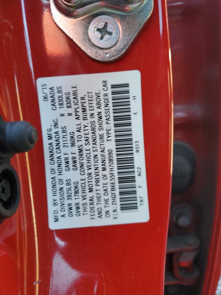 2015 Honda Civic VIN 2HGFB6E55FH708990 Copart auction photo, front end / side damage thumbnail 14