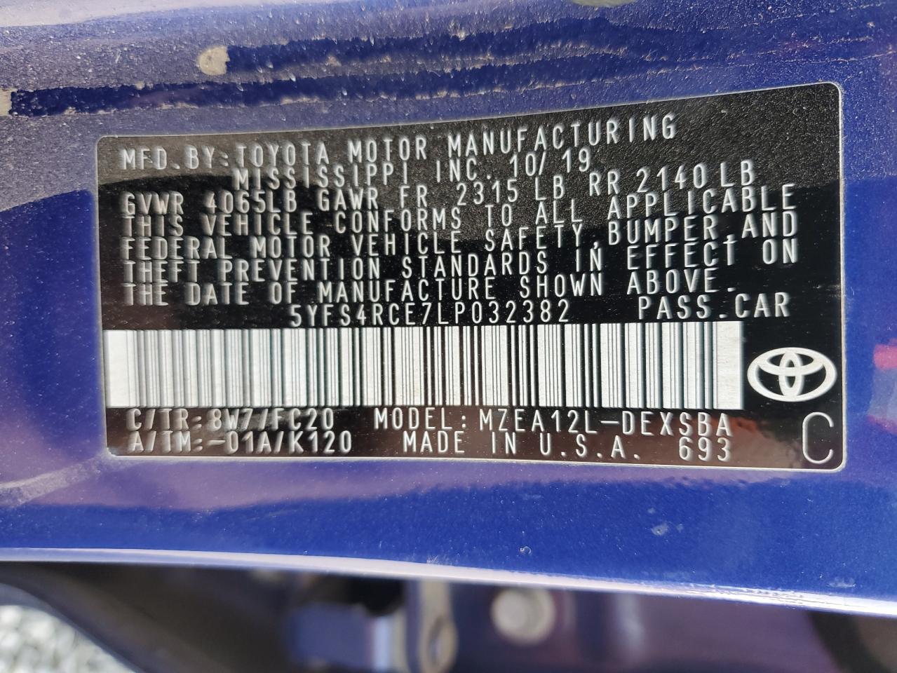 2020 Toyota Corolla VIN 5YFS4RCE7LP032382 Copart auction photo, all over damage thumbnail 14