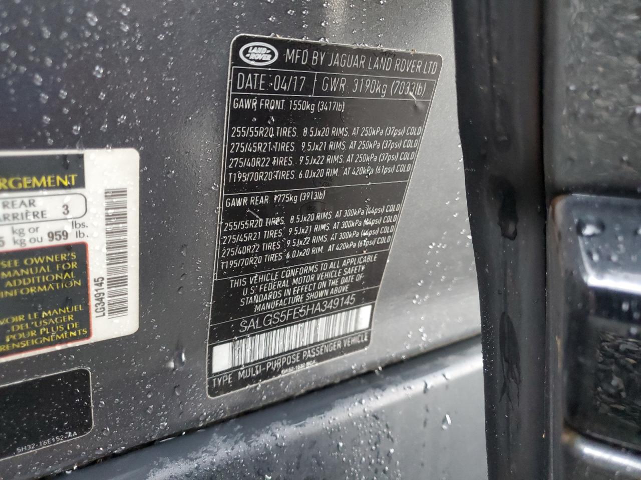 2017 Land Rover Range Rover VIN SALGS5FE5HA349145 Copart auction photo, water/flood damage thumbnail 13