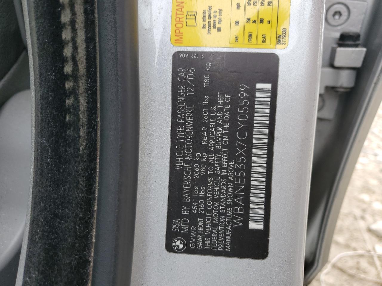 2007 BMW 5er VIN WBANE535X7CY05599 Copart auction photo, side / undercarriage damage thumbnail 15