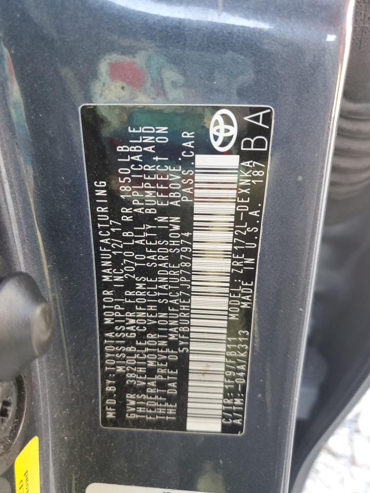 2018 Toyota Corolla VIN 5YFBURHE7JP787974 Copart auction photo, front end damage thumbnail 15
