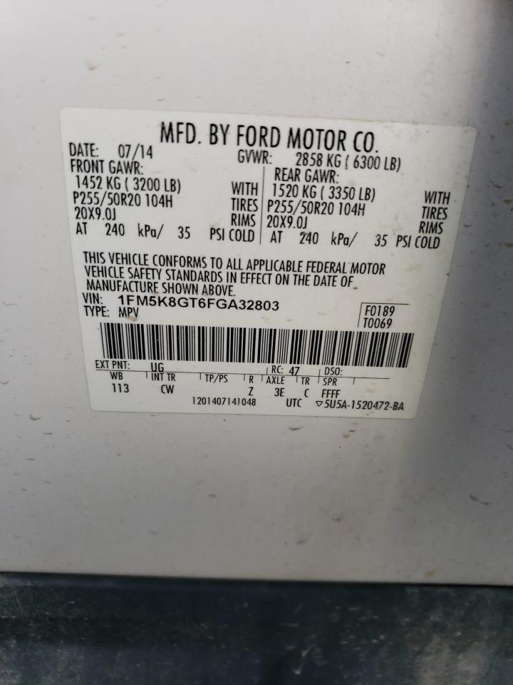 2015 Ford Explorer VIN 1FM5K8GT6FGA32803 Copart auction photo, top/roof / hail damage thumbnail 15