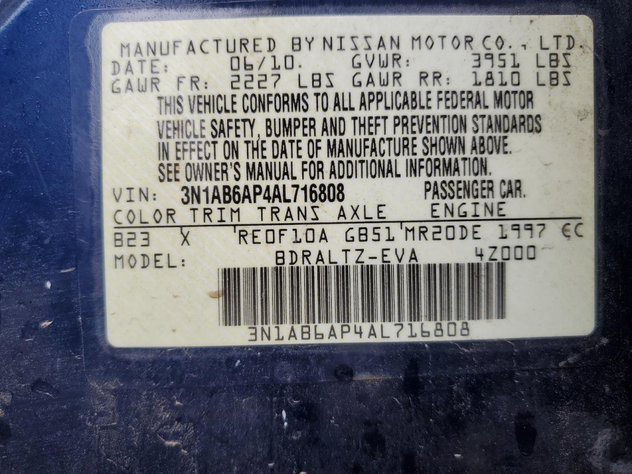 2010 Nissan Sentra VIN 3N1AB6AP4AL716808 Copart auction photo, side damage thumbnail 14