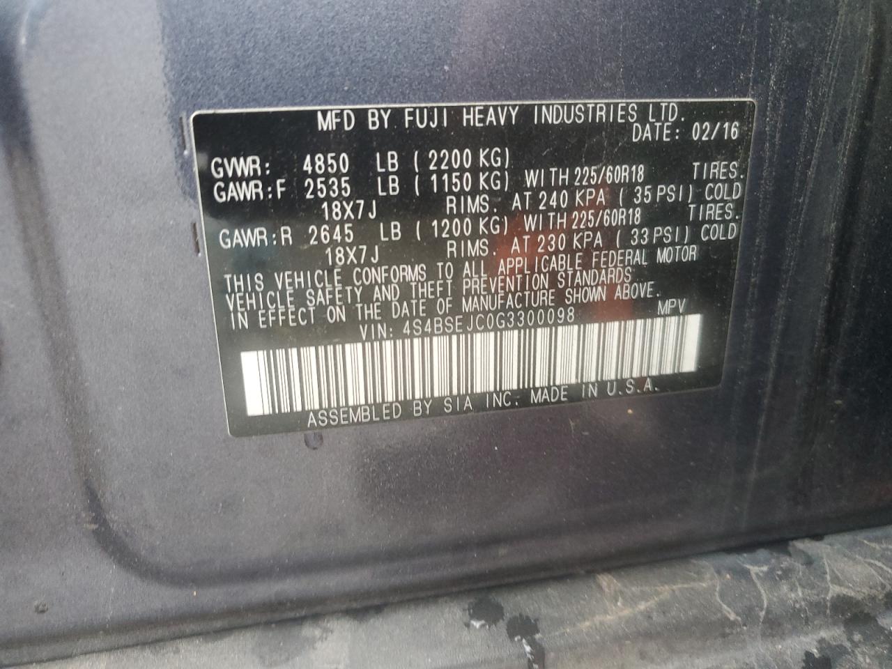 2016 Subaru Outback VIN 4S4BSEJC0G3300098 Copart auction photo, all over damage thumbnail 16