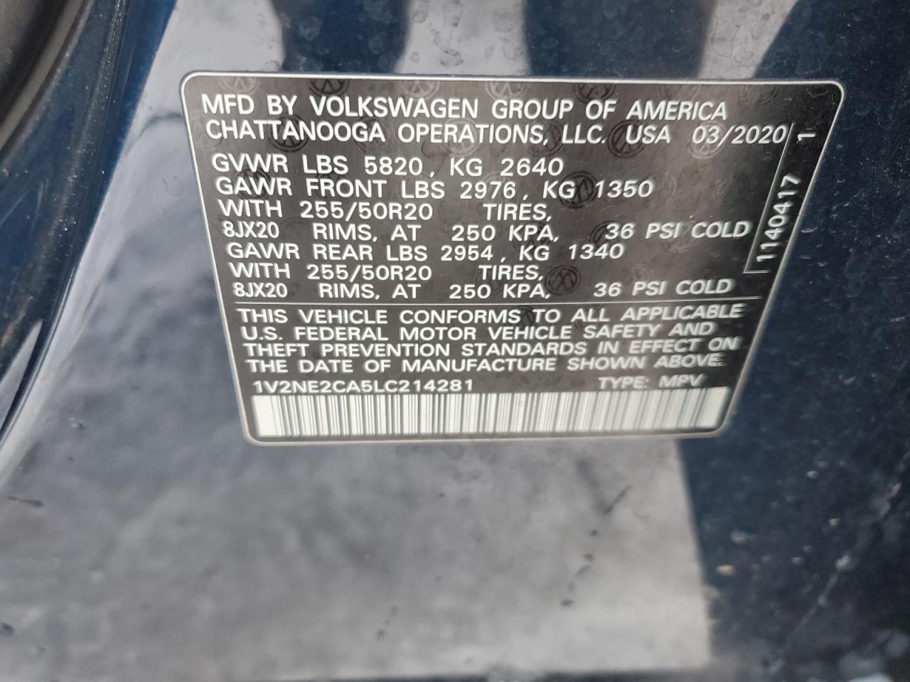 2020 Volkswagen Atlas VIN 1V2NE2CA5LC214281 Copart auction photo, front end damage thumbnail 14