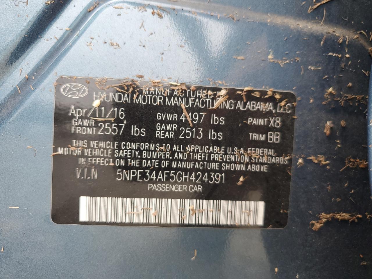 2016 Hyundai Sonata VIN 5NPE34AF5GH424391 Copart auction photo, water/flood damage thumbnail 13