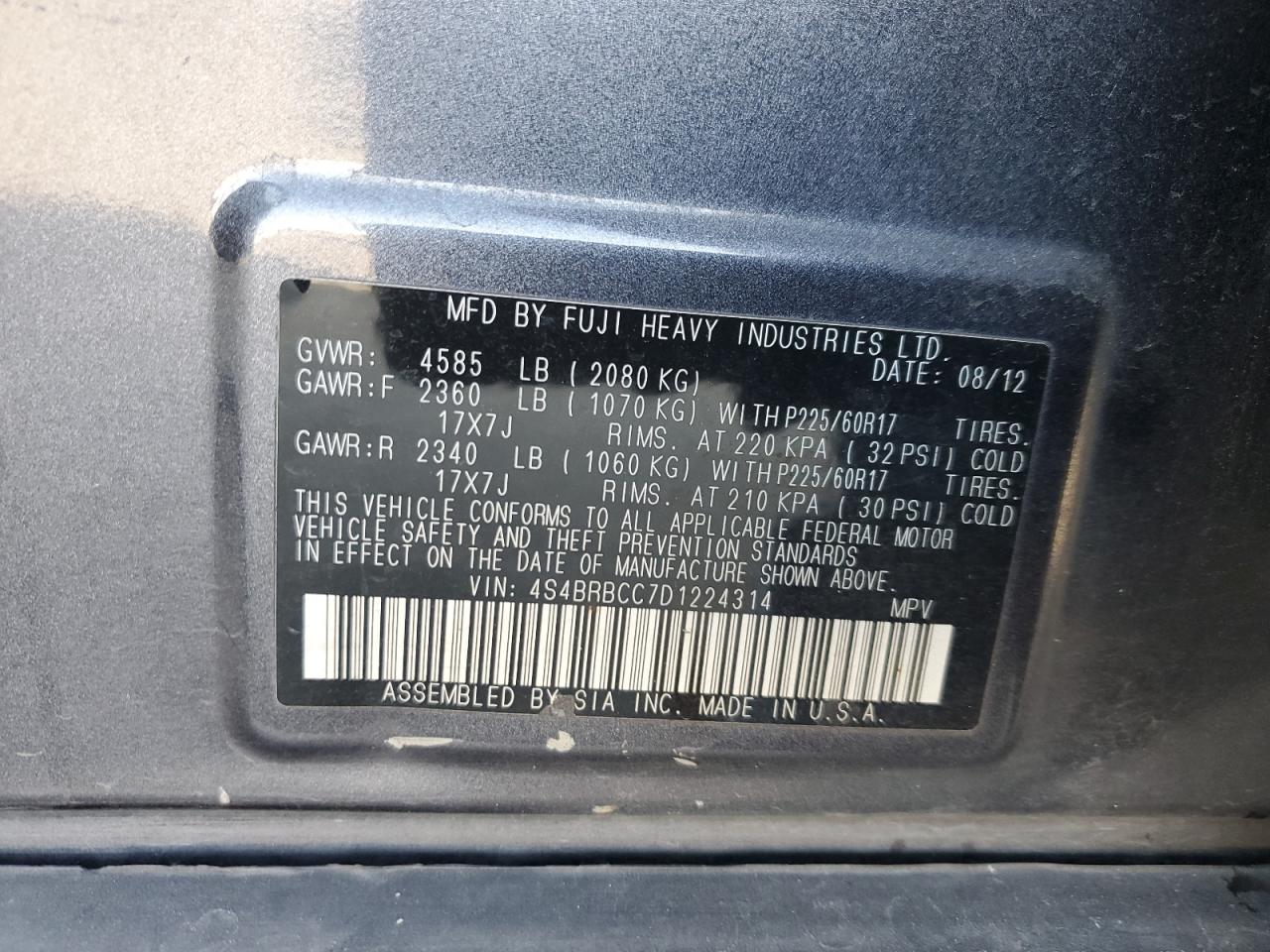 2013 Subaru Outback VIN 4S4BRBCC7D1224314 Copart auction photo, front end damage thumbnail 15