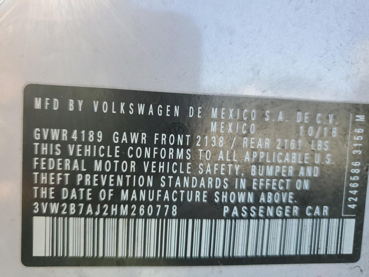 2017 Volkswagen Jetta VIN 3VW2B7AJ2HM260778 Copart auction photo, front end / side damage thumbnail 15