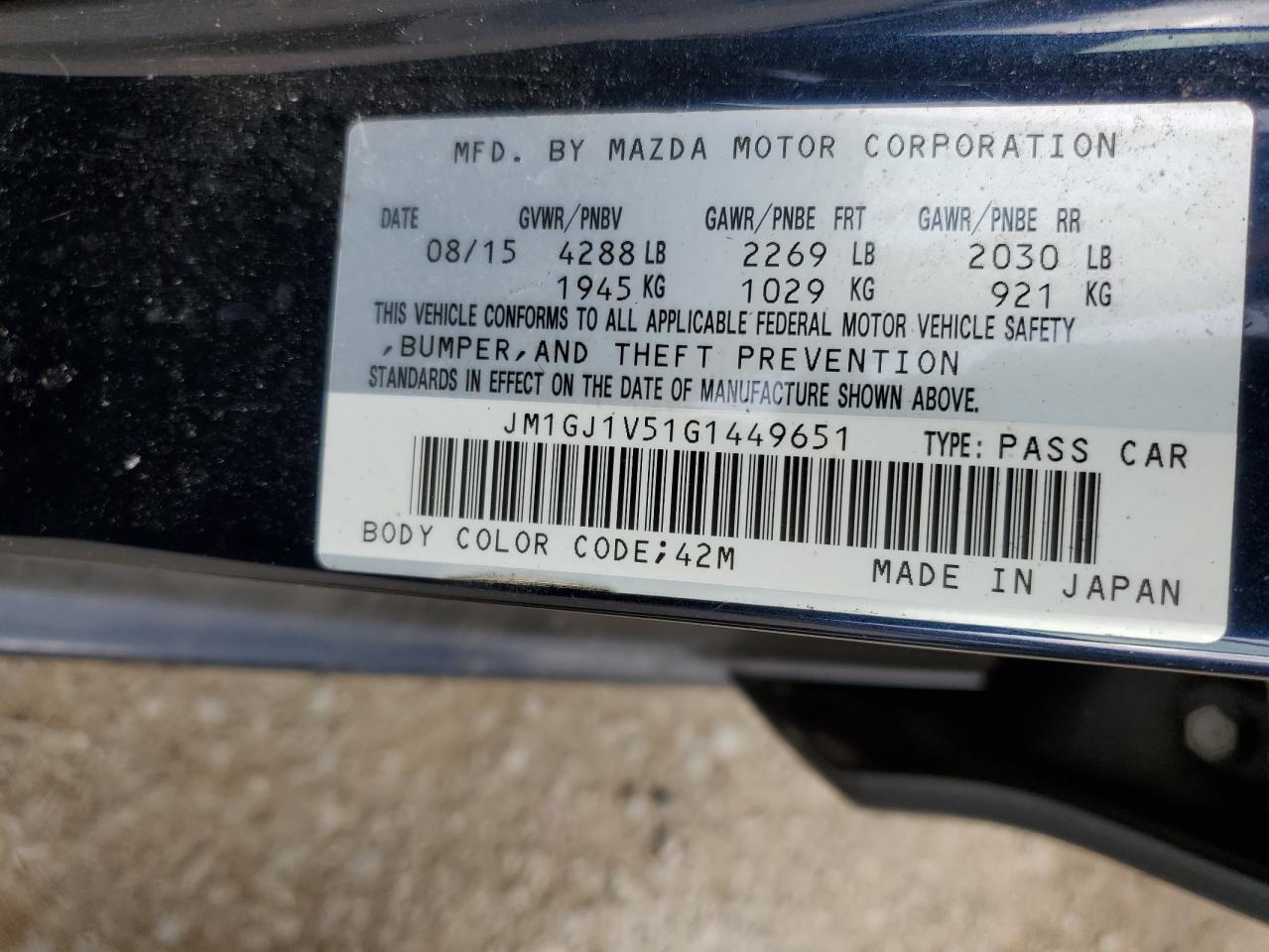 2016 Mazda 6 VIN JM1GJ1V51G1449651 Copart auction photo, rear end / side damage thumbnail 13