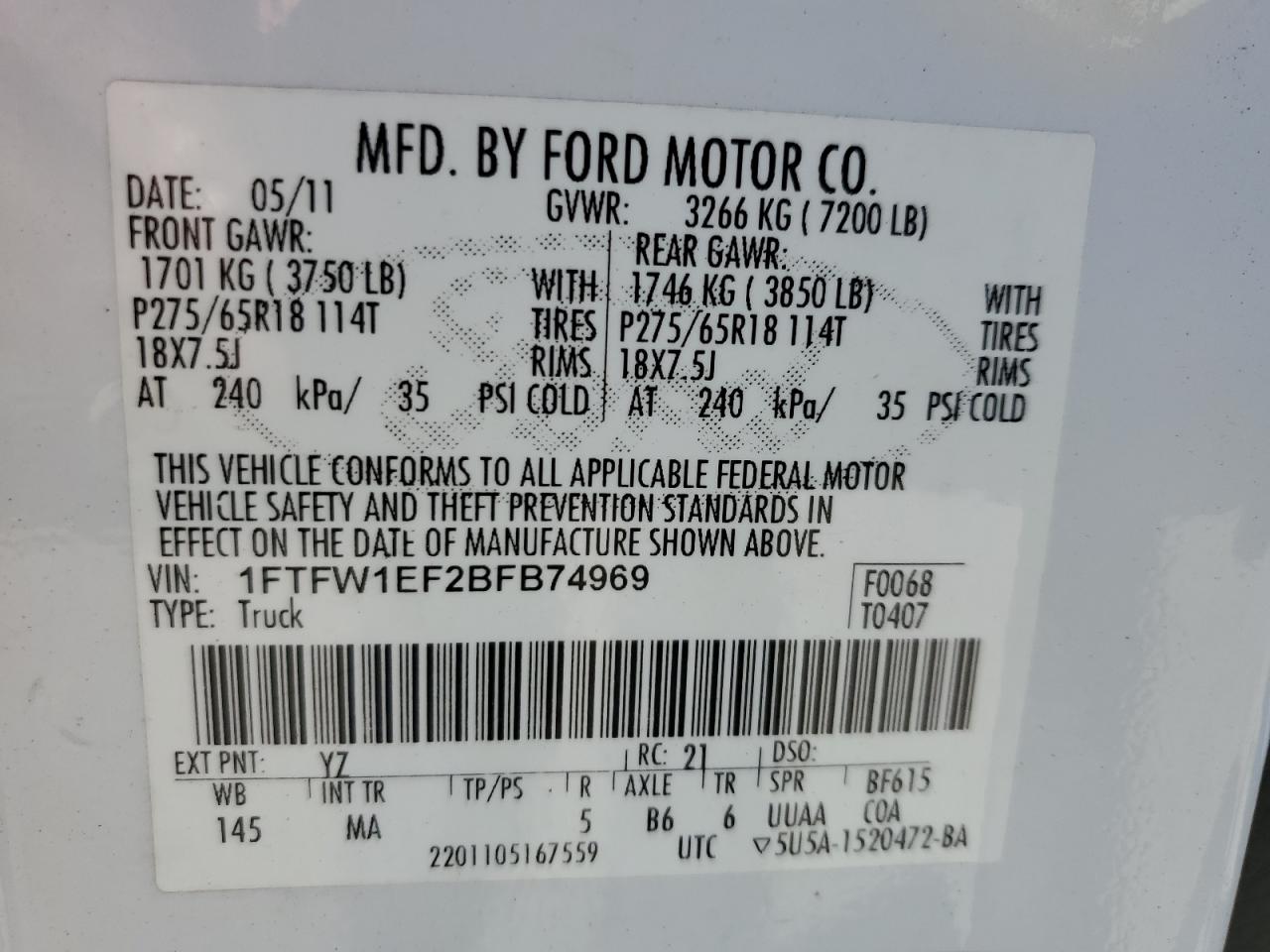 2011 Ford F-150 VIN 1FTFW1EF2BFB74969 Copart auction photo, front end / side damage thumbnail 12