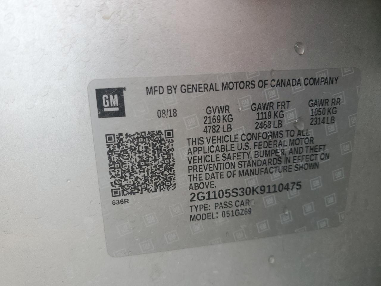 2019 Chevrolet Impala VIN 2G1105S30K9110475 Copart auction photo, rear end damage thumbnail 13