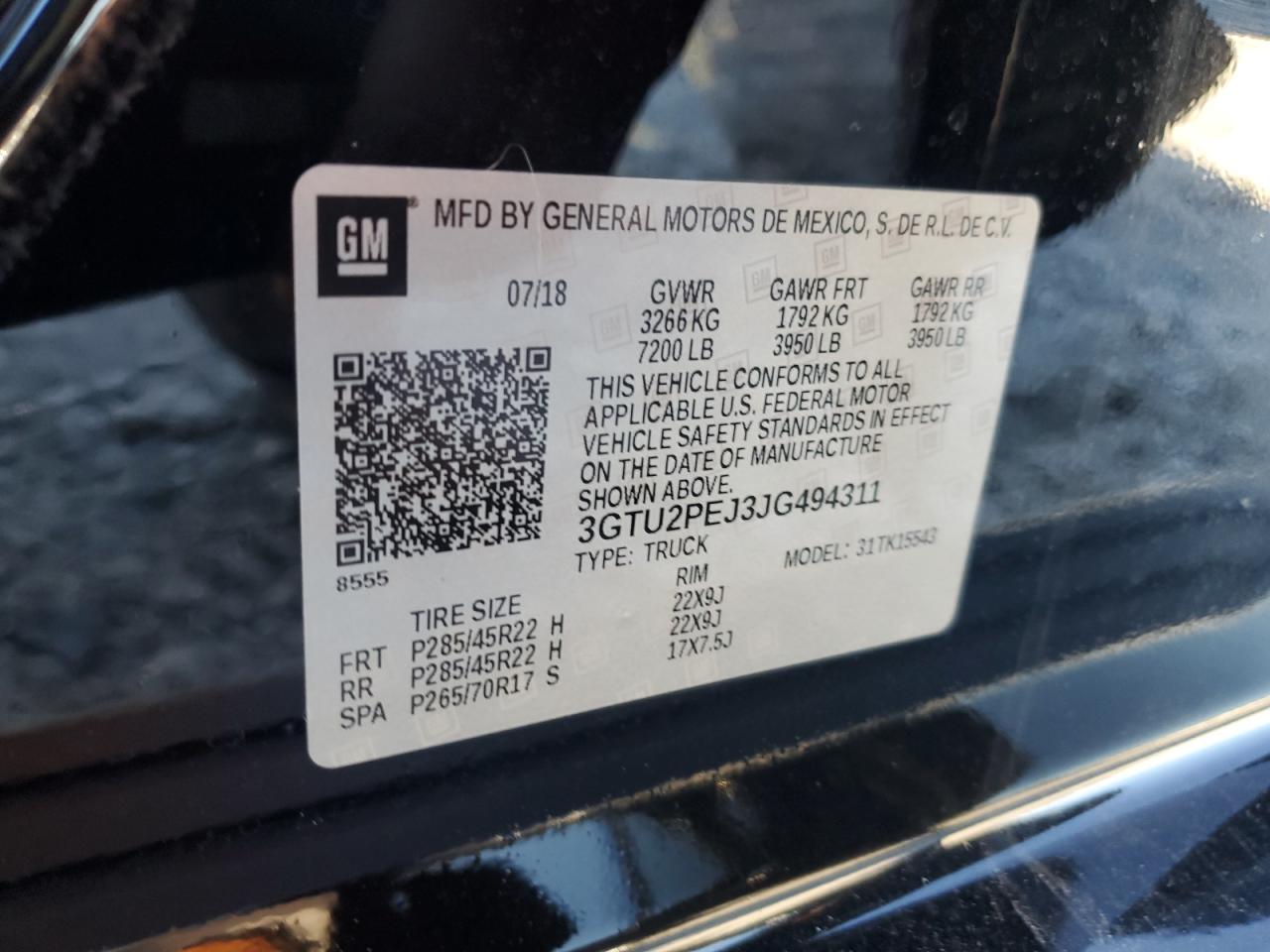 2018 GMC Sierra VIN 3GTU2PEJ3JG494311 Copart auction photo, front end damage thumbnail 13