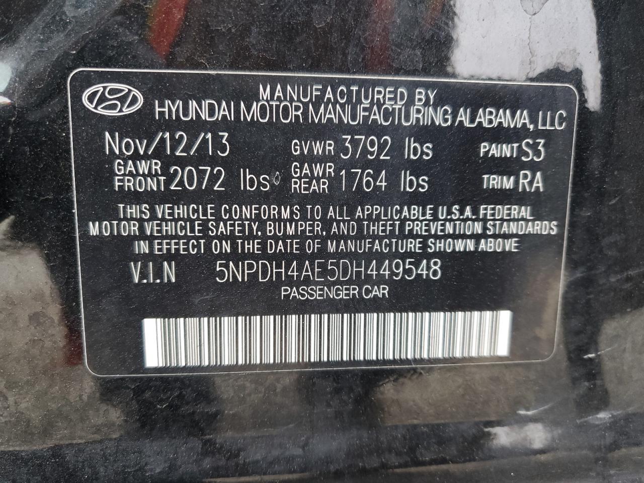 2013 Hyundai Elantra VIN 5NPDH4AE5DH449548 Copart auction photo, front end damage thumbnail 12